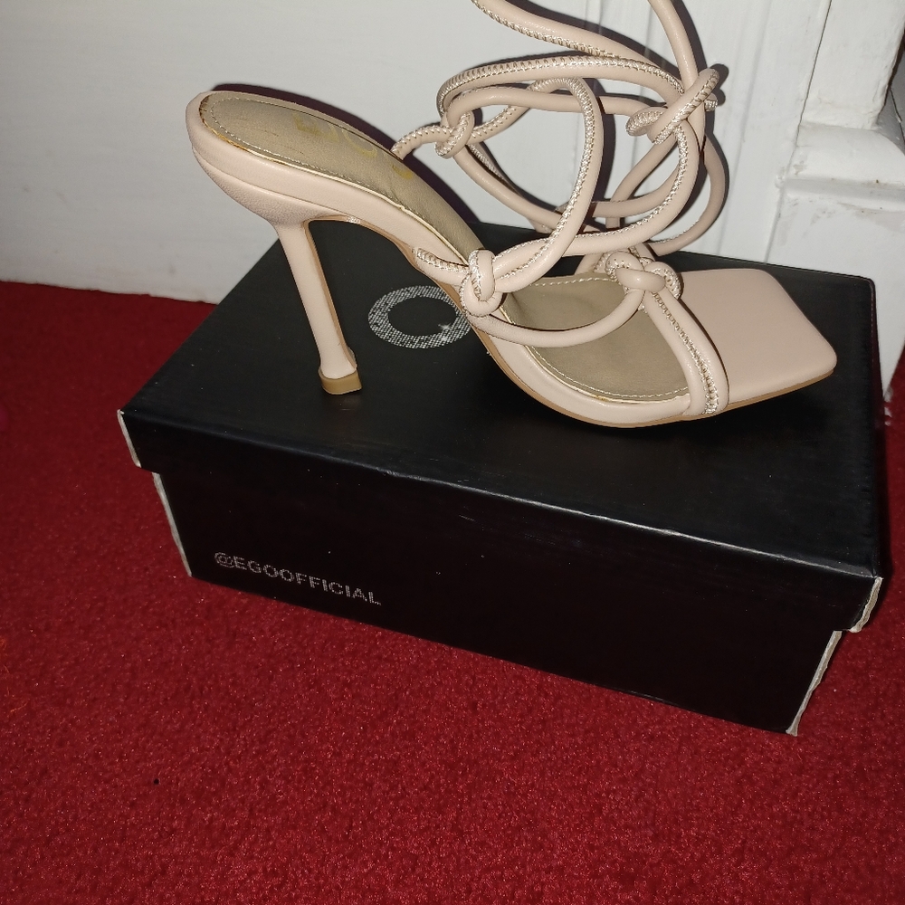 Nude colored  ankle wrap heel sandals